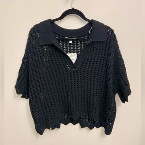 NWT Nordstrom DR2 Black Open Knit Collared Sweater M Coastal Sheet Crochet Top